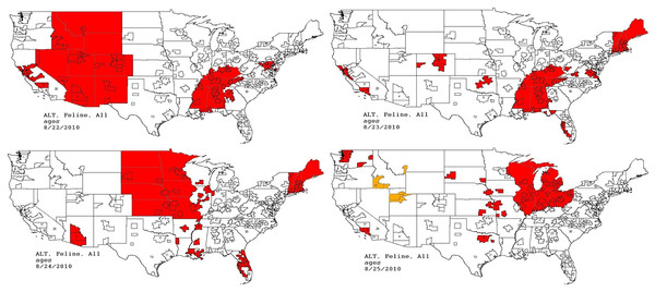 Spatial analysis of simulated aflatoxicosis outbreak in the US over four successive days.
