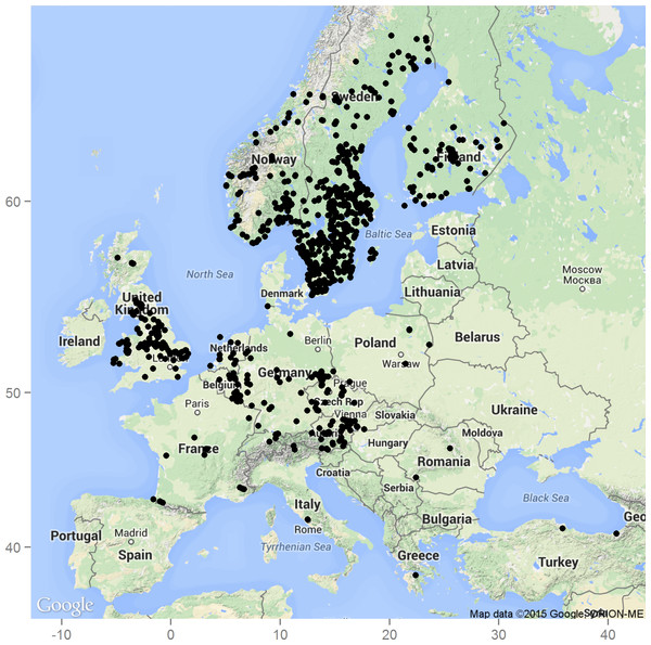 Occurrence of S. watsoni in Europe based on observations and records from the GBIF database (GBIF, 2015).