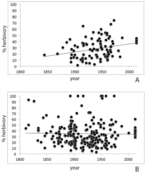 Herbivory over time as derived from herbarium records; (A) Prunus serotina; (B) Prunus padus.