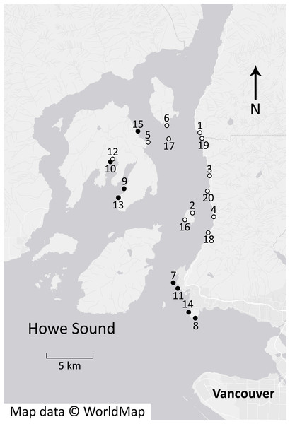 Rocky reef survey sites in Howe Sound, British Columbia.