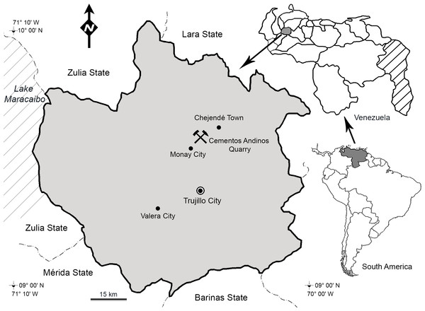 Location map of the Cementos Andinos quarry, Trujillo estate, Venezuela.