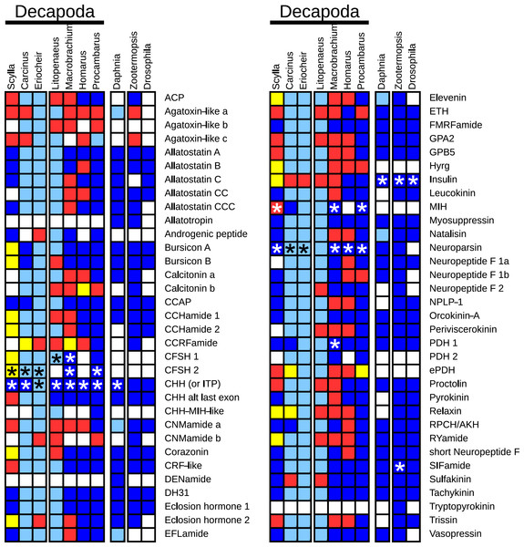 Overview of the presence of neuropeptide genes in seven decapods, Daphnia pulex and two insect species.