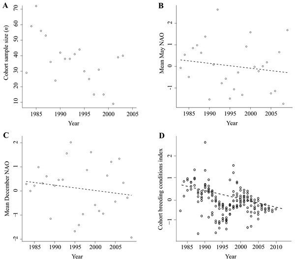 Environmental variables used in analyses of age at first successful reproduction, size of the first successful brood and the proportion of successful breeders by cohort.