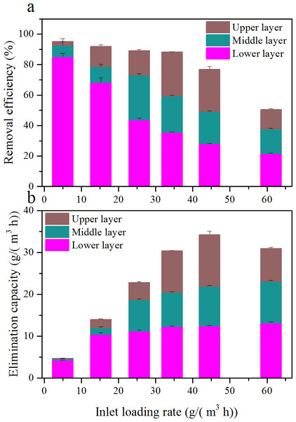 Comparison of removal efficiency (A) and elimination capacity (B) among the three layers at various inlet loading rate.
