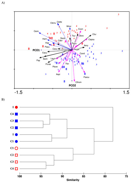 (A) PCO ordination biplot of 30 copepod species and monthly-sampled stations before (July 1985–June 1986, indicated by blue letters) and after power plant impact (August 2013–April 2014, indicated by red letters) in Klang Strait.