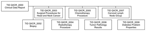 Relationships of the private DICOM SR templates used for encoding of the clinical information.