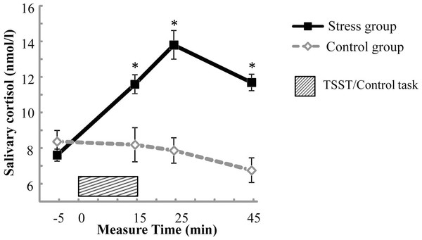 Salivary cortisol concentrations across the experiment for the stress group and the control group.