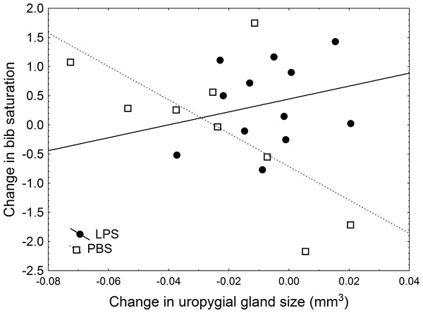 Relationship between change in uropygial gland size and change in bib saturation.