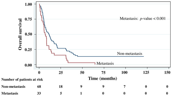 Survival curve of gastric cancer by metastasis status (n = 101).