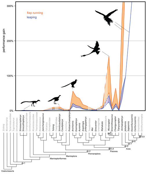 Evolution of flight stroke enhancements to flap running (orange) and vertical leaping (blue) performance.
