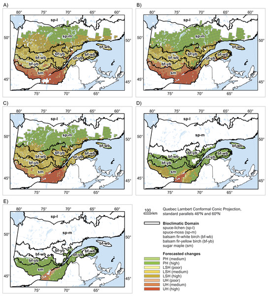 Forecasted changes (2080) in (A) black spruce habitat, (B) balsam fir habitat, (C) white birch habitat, (D) yellow birch habitat and (E) sugar maple habitat.
