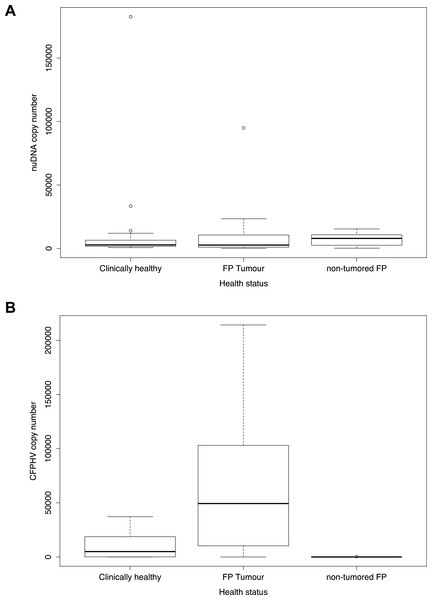 Boxplot showing g B[i] and nuDNA copy numbers by main three different health status categories.