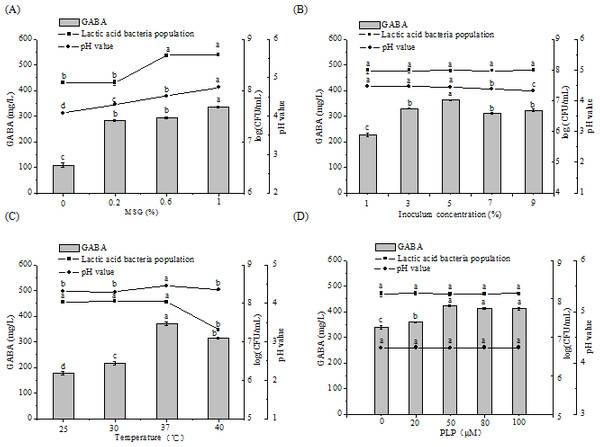 Changes in GABA concentrations, LAB counts, and pH values in chickpea milk fermented for 48 h containing different concentrations of MSG (A), under different inoculum concentrations (B), at different fermentation temperatures (C), and containing different concentrations of PLP (D).
