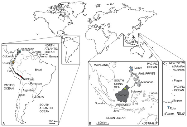 Current distribution of the sampled species and the approximate sampling localitions of the specimens.