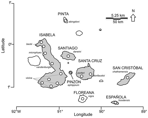 Map of the Galápagos archipelago showing locations of Chelonoidis tortoise populations.