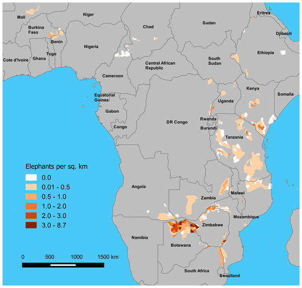 Estimated density of elephants by stratum on GEC survey areas, 2014–2015.