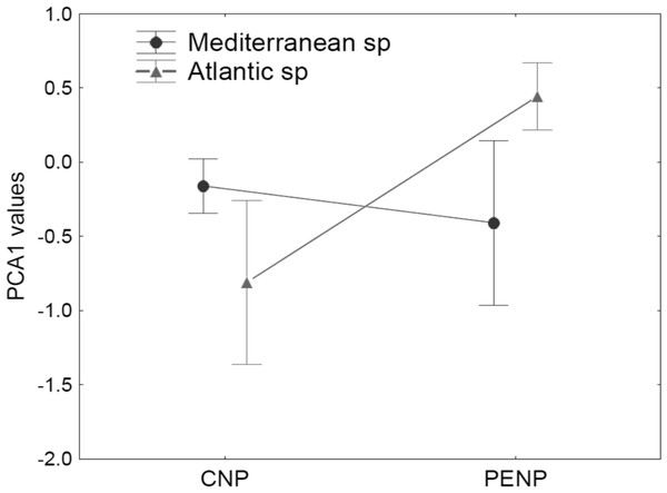 Median and standard error for values of the first PCA axis, analysing interaction between the factors site (CNP and PENP) and biogeographic affinity (Mediterranean and non-Mediterranean).