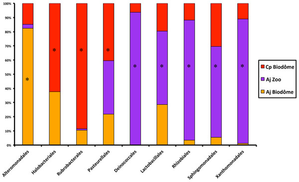 Results of LEfSe analysis showing the main differences among bacterial orders in the skin microbiome of captive neotropical bats.