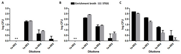Quantification of bacterial load (log counts of colony forming units [CFU]) at different dilutions of enrichment broth and STGG.