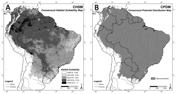 (A) Consensual Habitat Suitability Map, CHSM; (B) Consensual Potential Distribution Map, CPDM (suitable/unsuitable), based on the Minimum Training Presence cutoff criteria (MTP = 0.06).