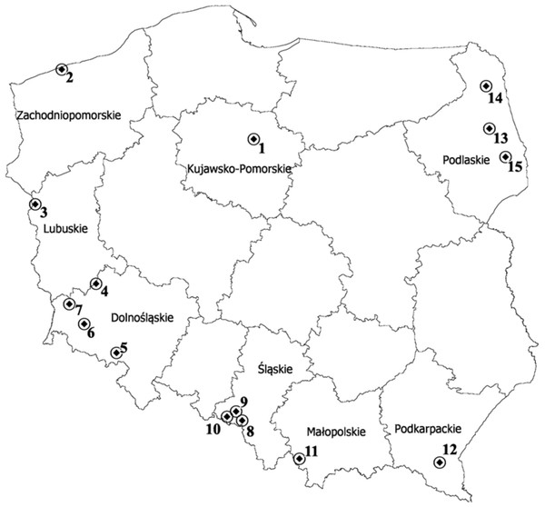 Map depicting the locations of the 15 populations of P. pratensis used in the study.