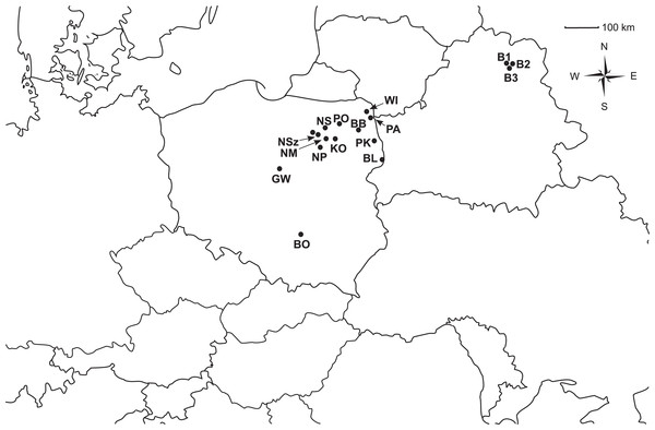 Geographic distribution of the analyzed populations of Pulsatilla patens.
