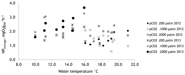 The effect of water temperature on net primary production of Furcellaria lumbricalis at different water pCO2 levels measured over the two experimental periods (27 June 2012–07 July 12 and 19 July 2013–27 July 2013), mean values, n = 3.