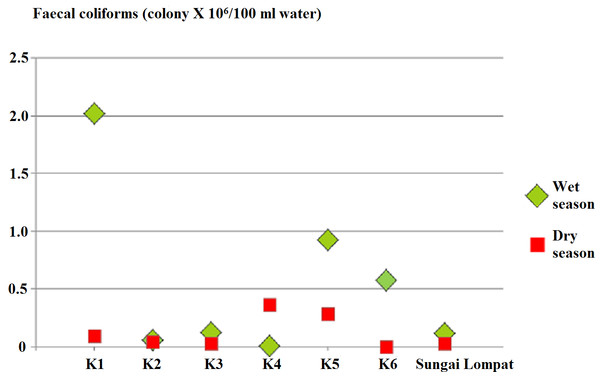 Faecal coliforms count at all river sampling points.