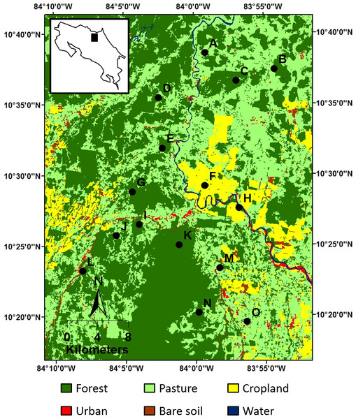 Location of the 15 sampling sites (black dots) within the study landscape, as represented by a 2011 land cover map.