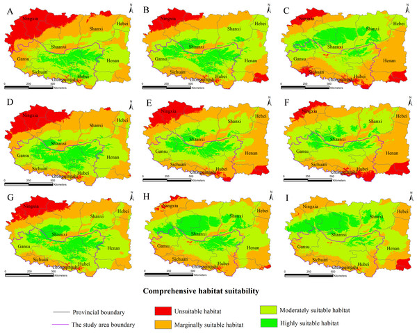Distribution map of habitat acclimatization for S. sphenanthera based on three GCM in SRES-A1B.