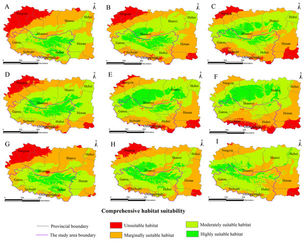 Distribution map of habitat acclimatization for S. sphenanthera based on three GCM in SRES-A2.