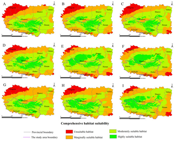 Distribution map of habitat acclimatization for S. sphenanthera based on three GCM in SRES-B1.