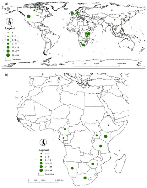 Geographic distribution of (A) authors and (B) samples collected (in publications).