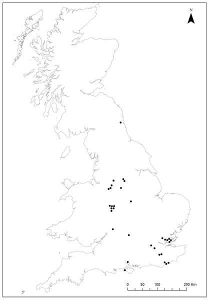 The distribution of 32 licensed sett exclusions studied.