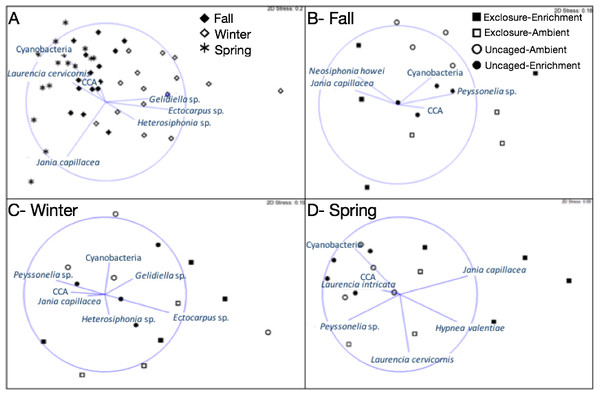 Non-metric multidimensional scaling analysis of algal communities on recruitment tiles across seasons (A) and in each treatment by season (B–D).