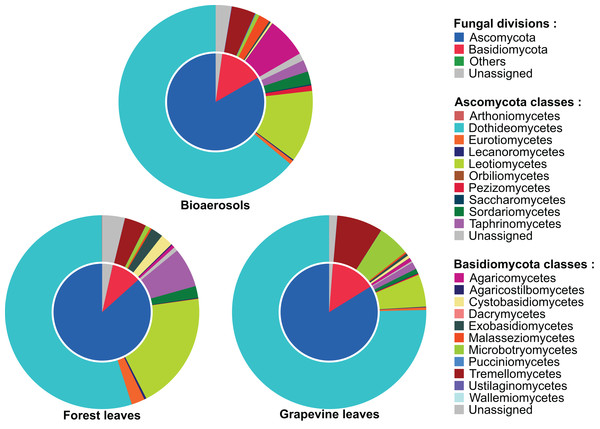 Taxonomic composition of the airborne and foliar fungal communities in forest and vineyard habitats.