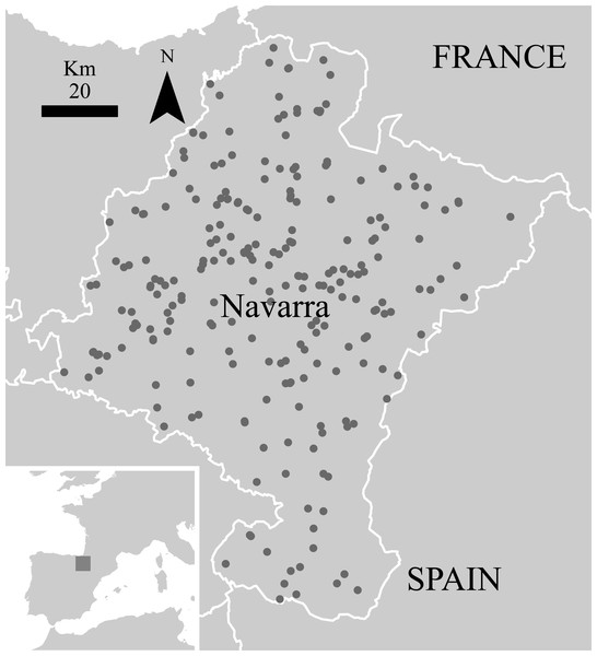 Sampling sites for small mammals in the ‘Pellet sampling’ dataset in Navarra.