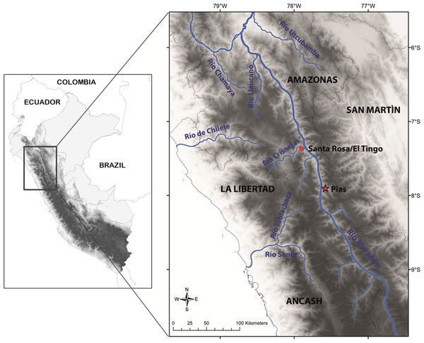 Map with type locality of Tantilla tjiasmantoi sp. nov. (red star), and locality of male paratype (red dot) in the northern Peruvian Andes.