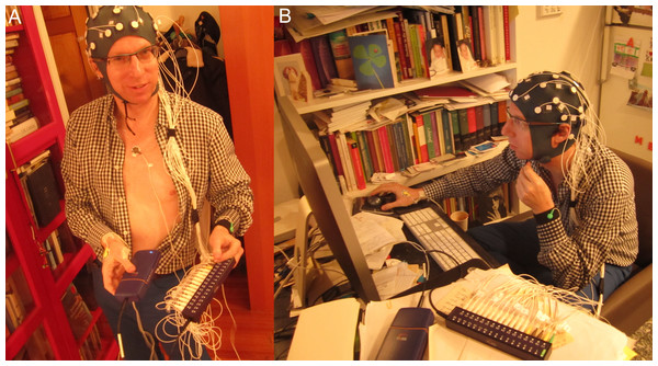 Writer showing the neurophysiological sensors (A) and during writing (B).