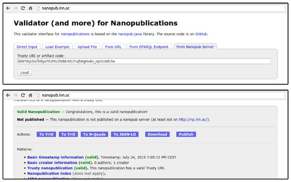 The web interface of the nanopublication validator can load nanopublications by their trusty URI (or just their artifact code) from the nanopublication server network.