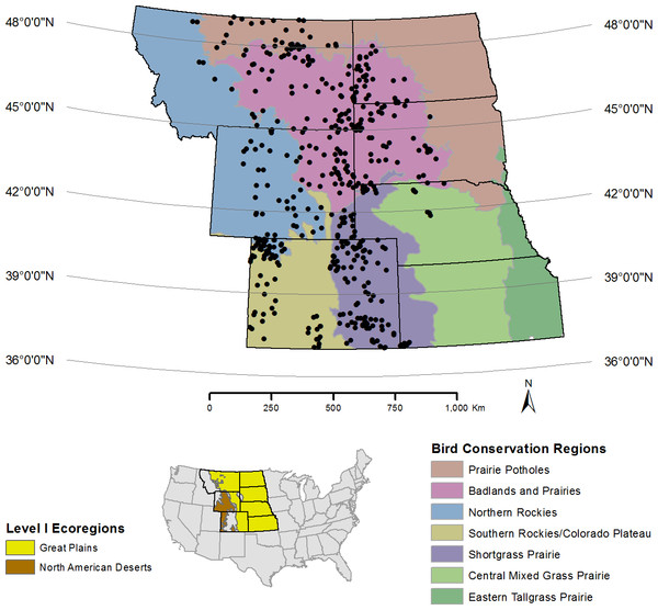 Map of the region in the western United States surveyed for prairie avifauna from 2009–2012 in relation to the Great Plains and North American Deserts ecoregions (lower left) and Bird Conservation Regions (in color).