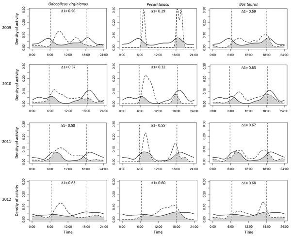 Overlap of daily activity patterns between the puma and its main preys in Sonora, Mexico by year.