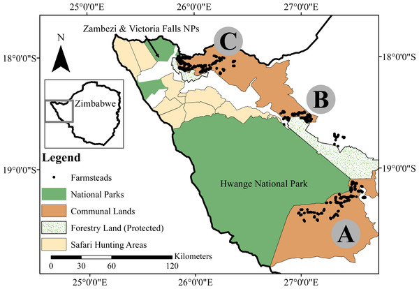 Our study area in northwestern Zimbabwe, showing the locations of our three focus sites: the (A) Tsholotsho, (B) Mabale and (C) Mvuthu-Shana study sites.