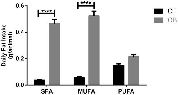 Fatty acid intake in gerbil fed control (CT) or hyper (OB) diets during 11 weeks.