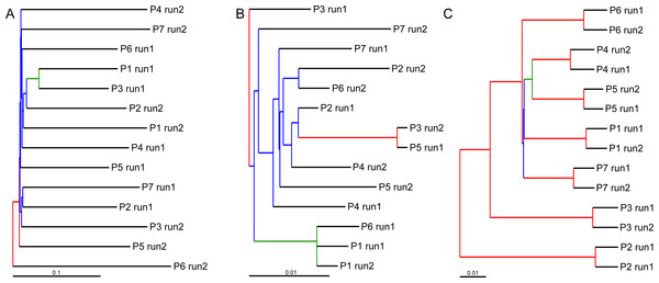 Hierarchical cluster trees constructed using UPGMA with jackknife support to depict similarities in OTU composition between indexed PCRs and Illumina MiSeq runs.