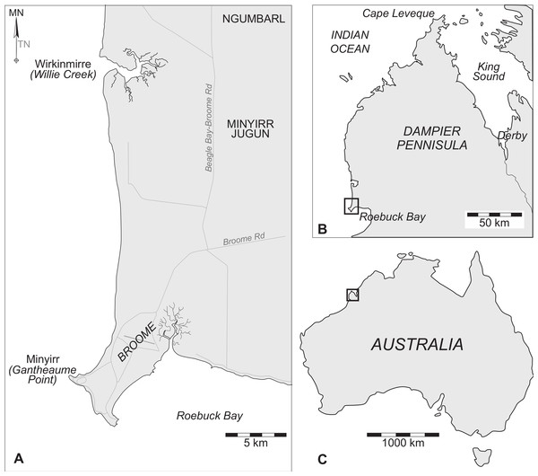 Maps showing the location of Minyirr (Gantheaume Point), south of Broome on the Dampier Peninsula in the West Kimberley, Western Australia.