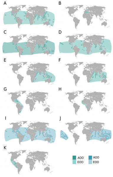 Distribution maps for manta and devil ray species.