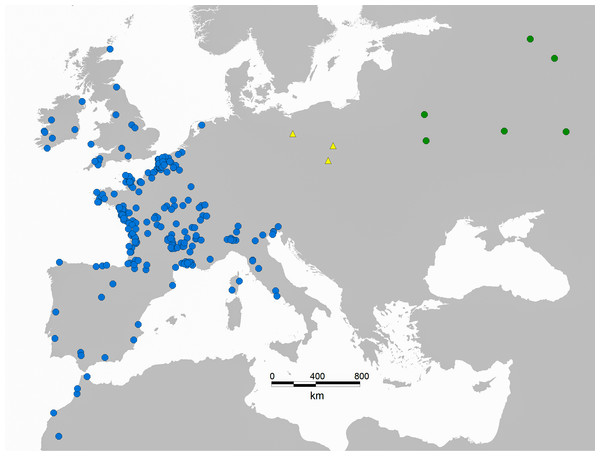 Map of ringing recoveries from common snipe migrating through inland Poland.