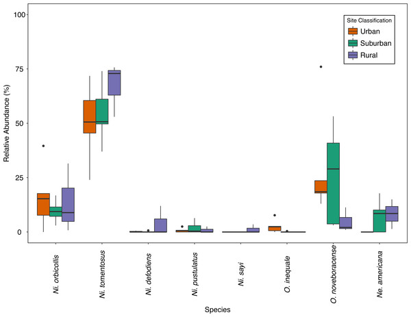 Relative abundance (%) of species across site classes; urban (orange), suburban (teal), rural (purple) sites.