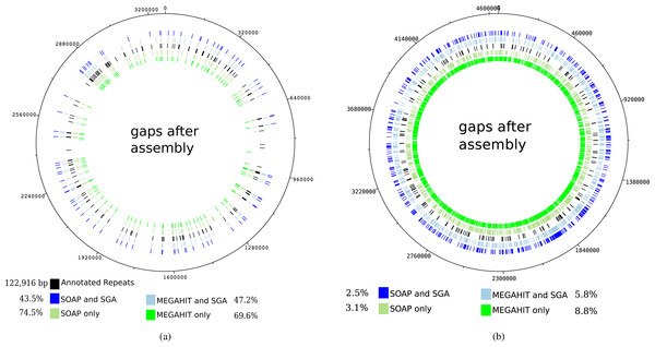 Gaps in the mapping of the contigs against the reference genome of Mycobacterium leprae TN (A) and Yersinia pestis CO 92 (B) together with annotated repeat regions in the respective reference genome.